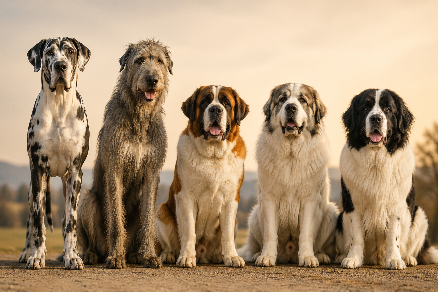 Fünf der größten Hunderassen im Vergleich: Deutsche Dogge, Irischer Wolfshund, Bernhardiner, Mastín del Pirineo und Landseer