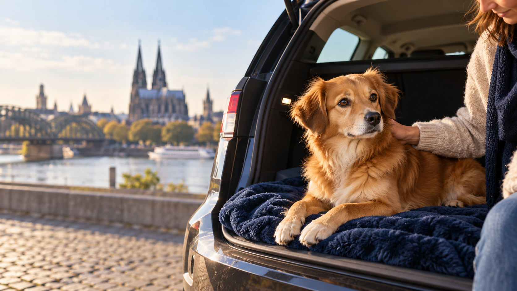 Entspannter Hund im Fahrzeug vor der Kölner Skyline – Symbolbild für das Pfotentaxi von JupiterEXPRESS